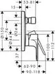 Hansgrohe Einhebel-Wannenmischer mit Unterputzinstallation. Technische Zeichnung mit Maßangaben und Anschlussdetails.